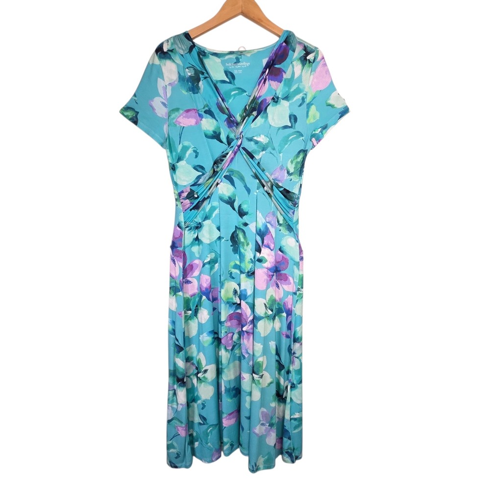 Soft Surroundings Womens Blue Floral Jersey Twist‎ Front Petite Small Midi Dress